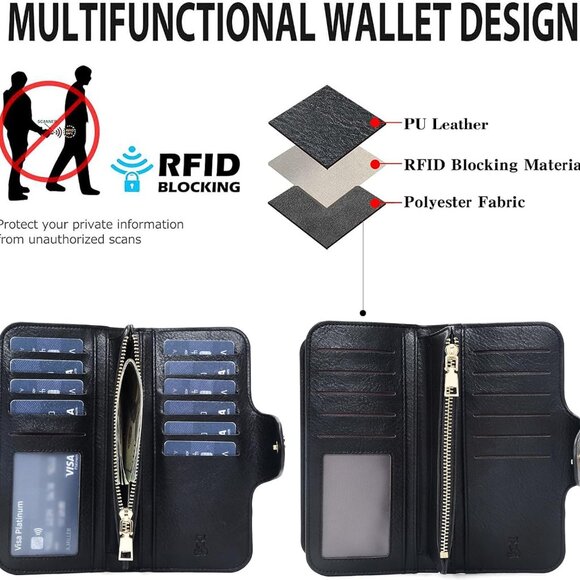 Black women's RFID blocking PU leather trifold wallet with ID window and multipl - Picture 6 of 8